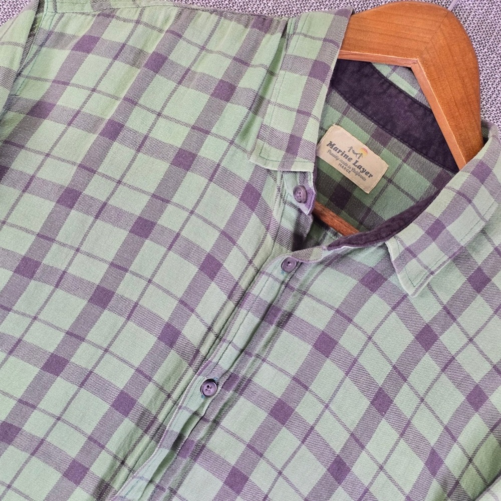 Marine Layer Flannel Shirt Mens Marge Green Linen Blend Long Sleeve Casual Plaid